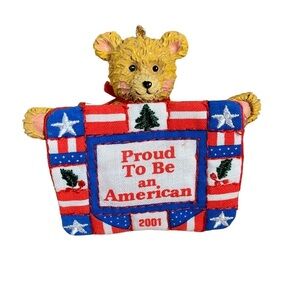 Vintage 2001 Teddy Bear Proud To Be An American Holiday Christmas Ornament